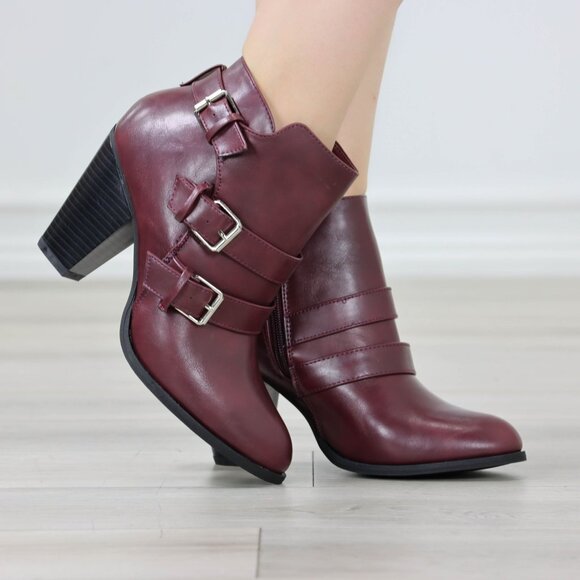 Ankle Boots Block Cone Heel Synthetic Leather Wine Almond Toe Buckles Zipper - Picture 2 of 12